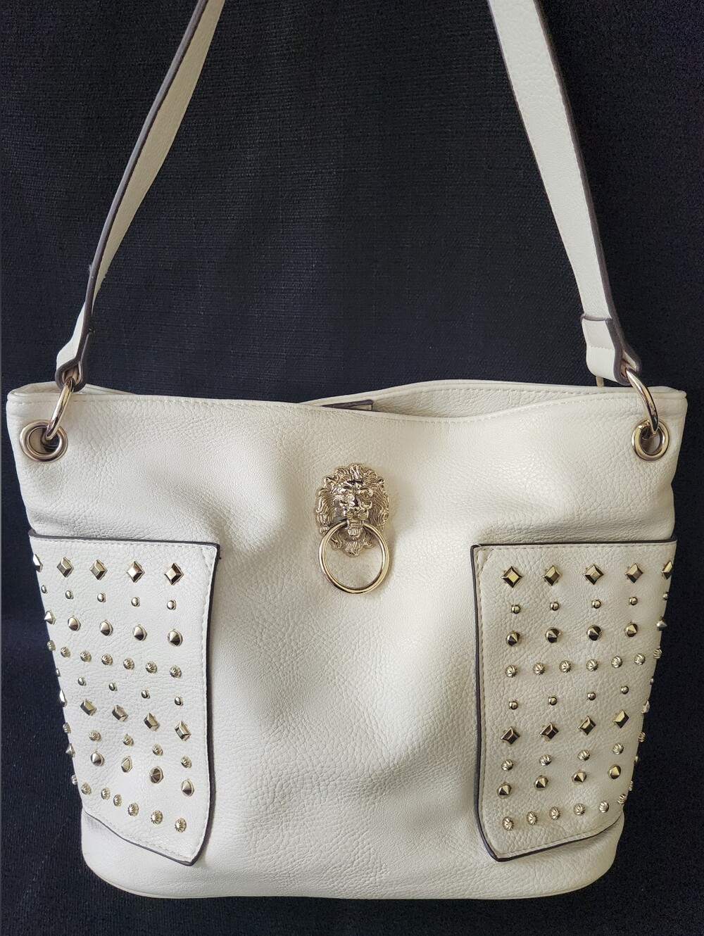 Carlos by Carlos Santana OffWhite Hobo Shoulder Bag Studded Gold Lion Head Purse